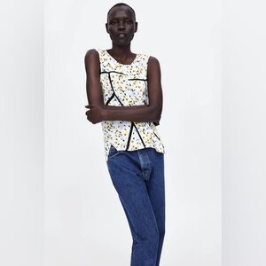 ZARA Sleeveless Floral Print Top with Black Accents